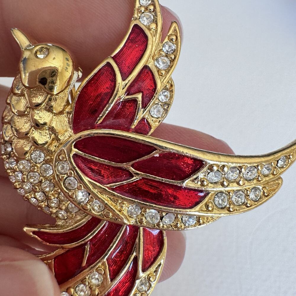 Vintage Giorgio Gold tone with Red Enamel & Clear Crystals Bird BROOCH - Picture 2 of 6